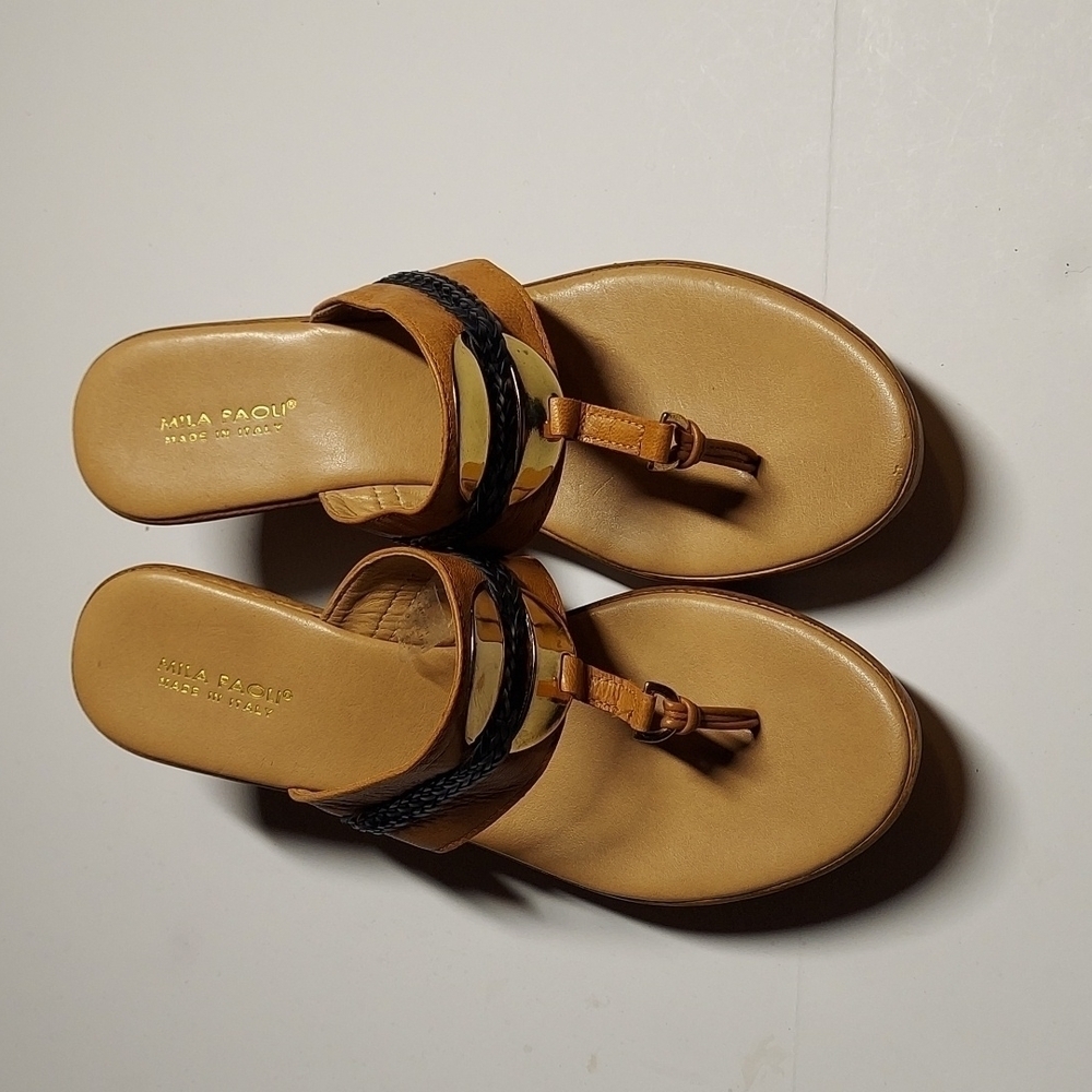 Mila Paoli Leather Wedge Sandals Tan and Black Size 9